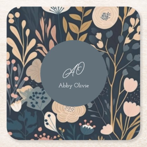 Watercolor floral boho simple square paper coaster