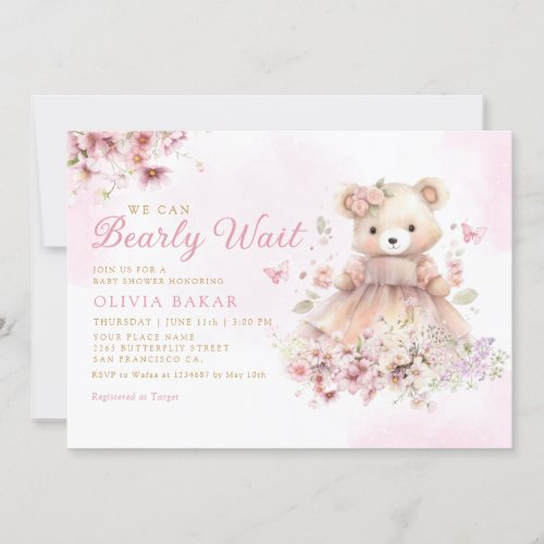 Watercolor Floral Boho Teddy Bear Girl Baby Shower Invitation