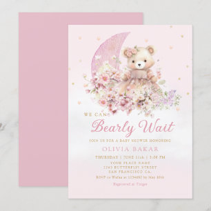Watercolor Floral Boho Teddy Bear Girl Baby Shower Invitation
