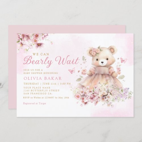 Watercolor Floral Boho Teddy Bear Girl Baby Shower Invitation