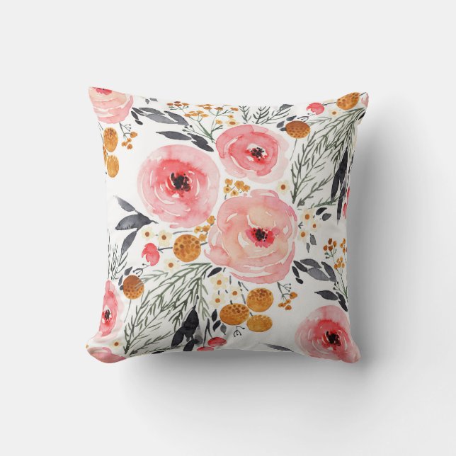 Watercolor Floral Boho Throw Pillow (Front)