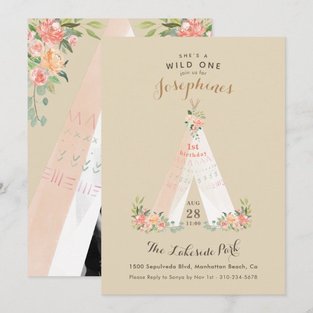 Watercolor Floral Boho Tribal Teepee Wild One Invitation (Front/Back)