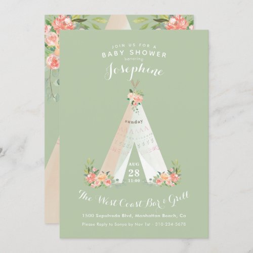 Watercolor Floral Boho Tribal Teepee Wild One Invitation