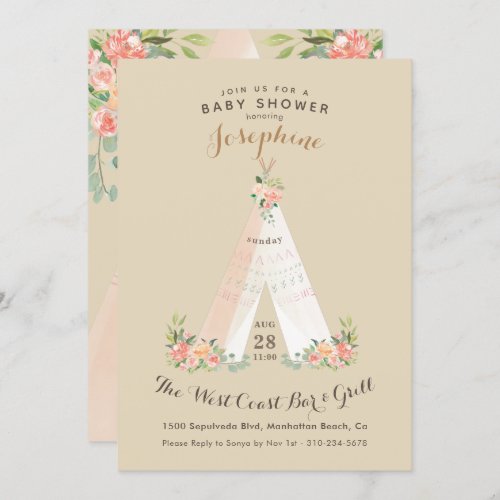 Watercolor Floral Boho Tribal Teepee Wild One Invitation