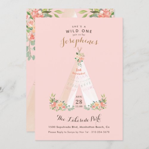 Watercolor Floral Boho Tribal Teepee Wild One Invitation