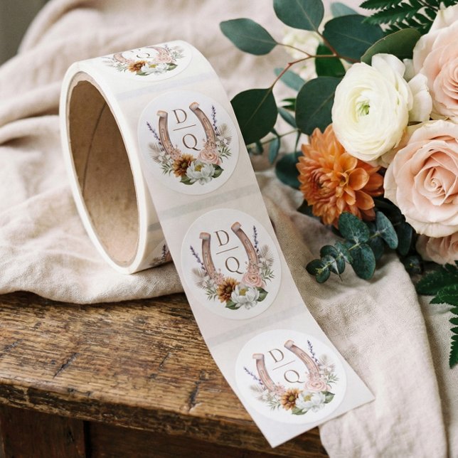 Watercolor Floral Boho Western Horseshoe Monogram Classic Round Sticker (Watercolor Floral Boho Western Horseshoe Monogram Classic Round Sticker)