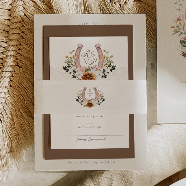 Watercolor Floral Boho Western Horseshoe Monogram Invitation Belly Band