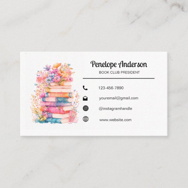 Watercolor Floral Bookish  Business Card (Front)