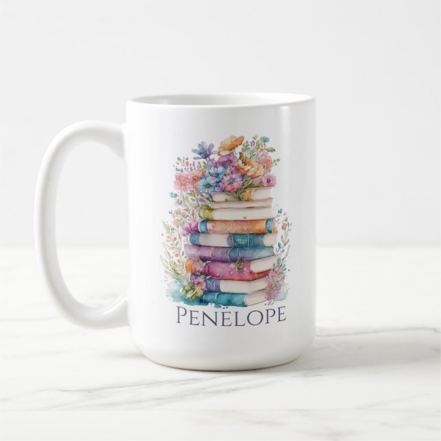 Watercolor Floral Books Coffee Mug (Left)