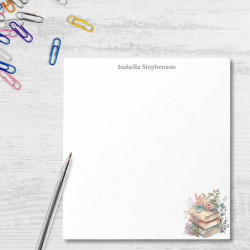 Watercolor Floral Books Personalized Book Lover  Notepad