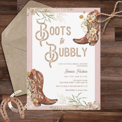 Watercolor Floral Boots  Bubbly Bridal Shower Invitation