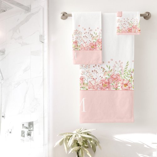 Watercolor Floral Border Monogram Bath Towel Set