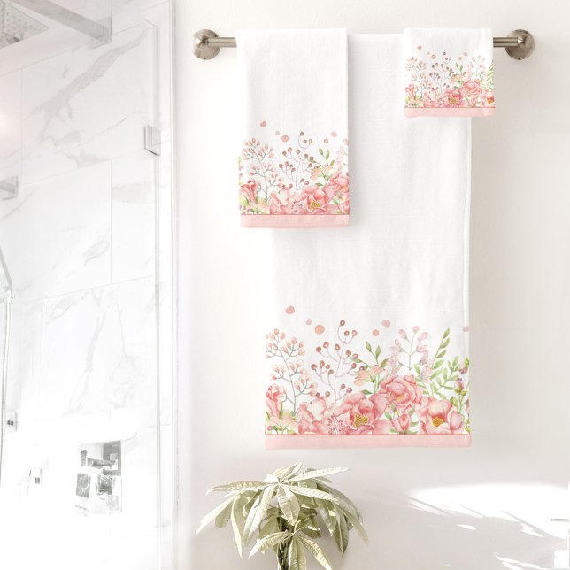 Watercolor Floral Border Peach White Bath Towel Set (Watercolor Floral Border Peach White Bath Towel Set)