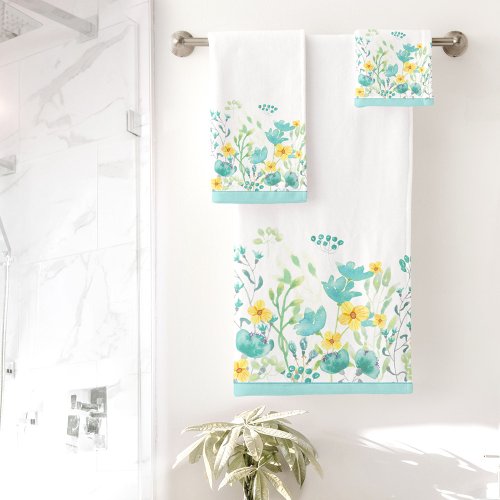 Watercolor Floral Border Turquoise Bath Towel Set