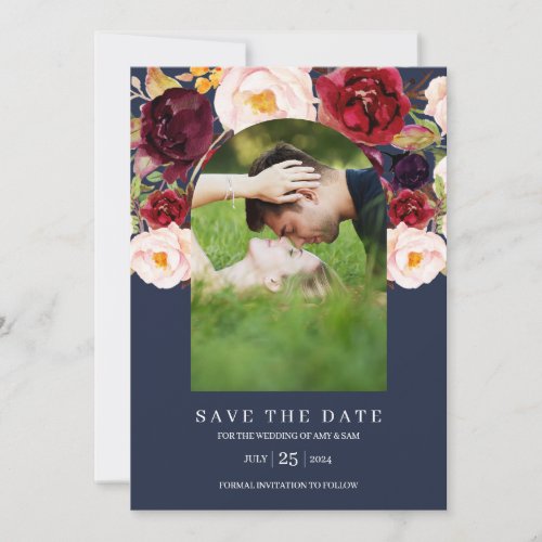 Watercolor Floral Botanical Arch Photo Frame Navy Save The Date