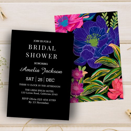 Watercolor floral botanical black bridal shower invitation