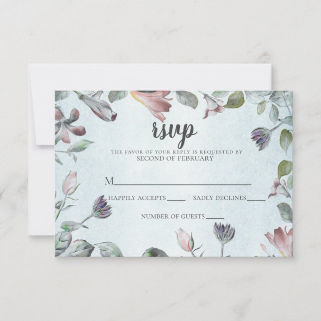 Watercolor Floral Botanical Dusty Blue Wedding RSVP Card (Front)