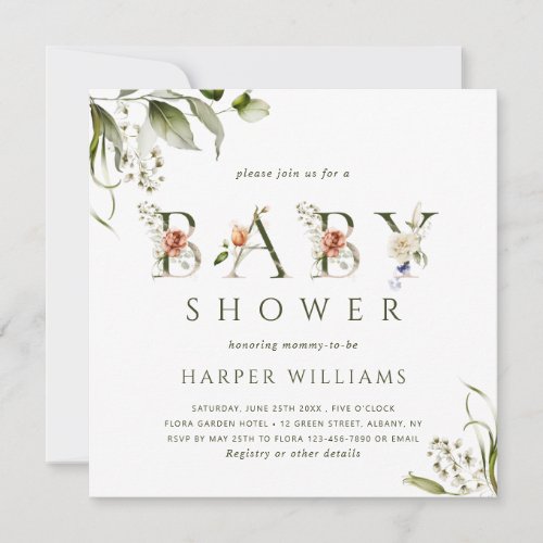 Watercolor Floral Botanical Letter Baby Shower Invitation