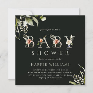 Watercolor Floral Botanical Letter Baby Shower Invitation