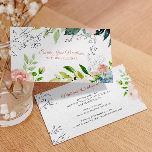 Watercolor floral botanical modern wedding planner business card