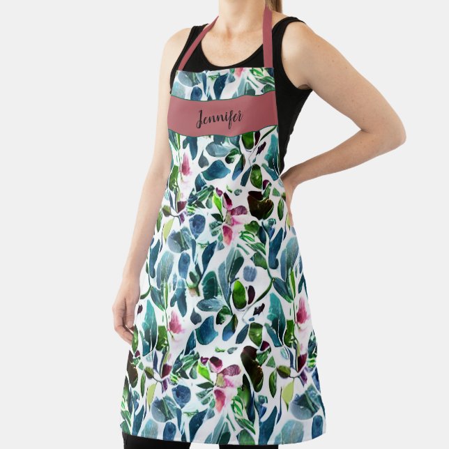 Watercolor floral botanical monogram name apron (Insitu)