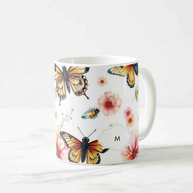 Watercolor floral botanical pattern monogrammed coffee mug (Front Right)
