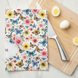 Watercolor floral botanical pattern monogrammed kitchen towel