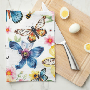 Watercolor floral botanical pattern monogrammed kitchen towel