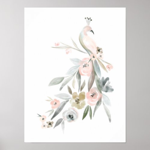 Watercolor Floral Botanical Peacock Illustration Poster