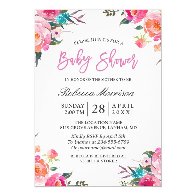 Watercolor Floral Botanical Wreath Baby Shower Invitation