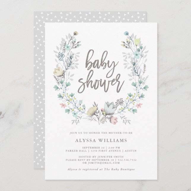 Watercolor Floral Botanical Wreath | Baby Shower Invitation (Front/Back)