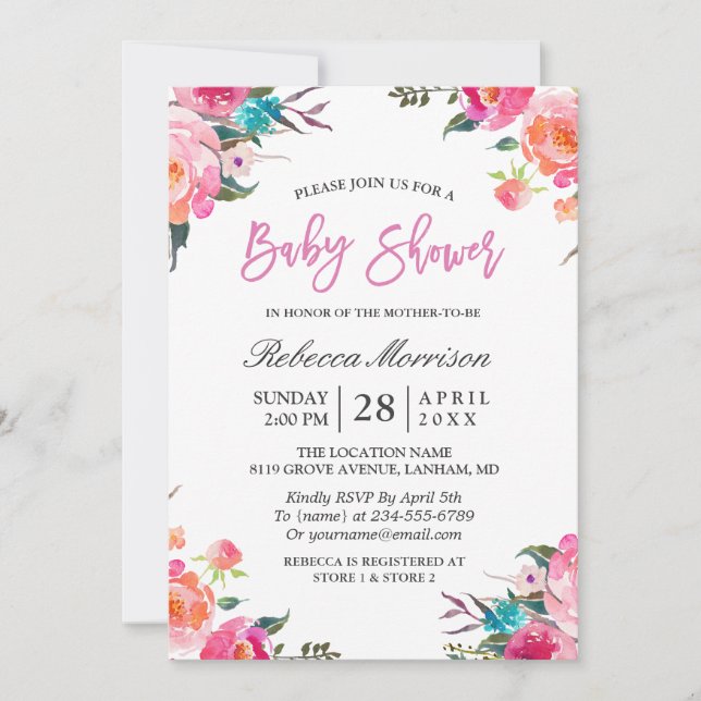 Watercolor Floral Botanical Wreath Baby Shower Invitation (Front)