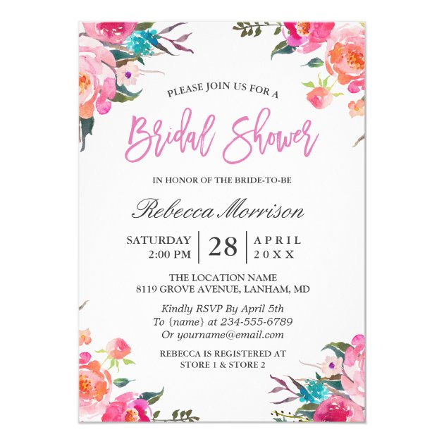 Watercolor Floral Botanical Wreath Bridal Shower Invitation