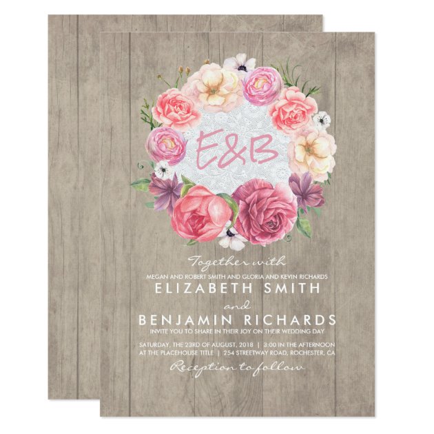 Watercolor Floral Botanical Wreath Rustic Wedding Invitation