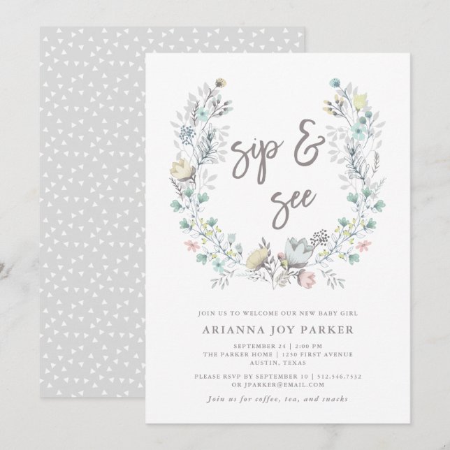 Watercolor Floral Botanical Wreath | Sip and See Invitation (Front/Back)