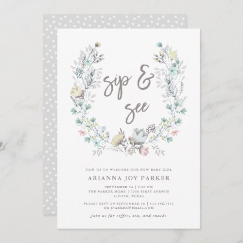 Watercolor Floral Botanical Wreath  Sip and See Invitation
