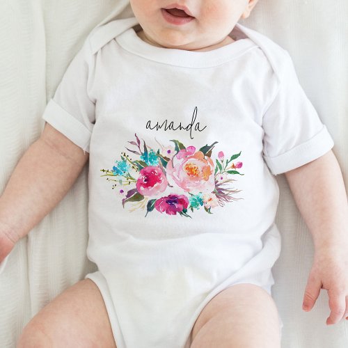 Watercolor Floral Bouquet Baby Girl Personalized Baby Bodysuit