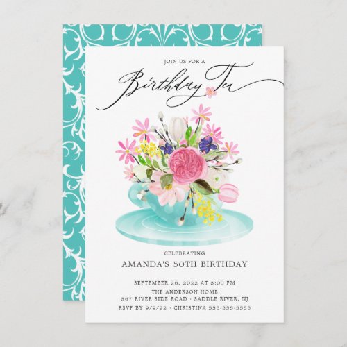 Watercolor Floral Bouquet Birthday Tea Invitation