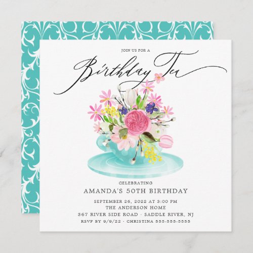 Watercolor Floral Bouquet Birthday Tea Invitation