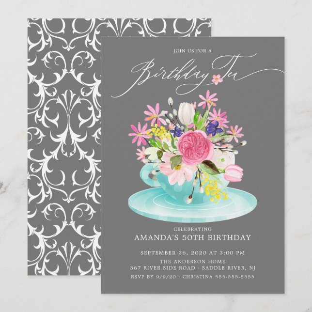Watercolor Floral Bouquet Birthday Tea Invitation (Front/Back)
