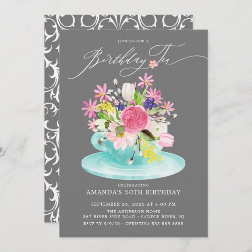 Watercolor Floral Bouquet Birthday Tea Invitation