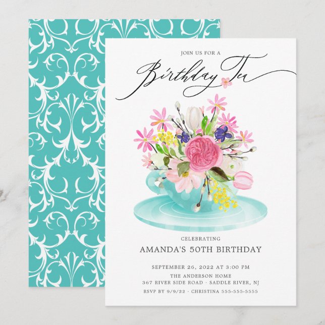 Watercolor Floral Bouquet Birthday Tea Invitation (Front/Back)
