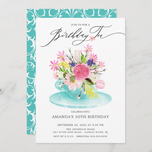 Watercolor Floral Bouquet Birthday Tea Invitation