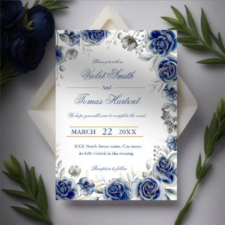 Watercolor floral bouquet navy blue wedding invitation