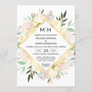 Watercolor Floral Bouquet Pink Gold White Wedding Invitation