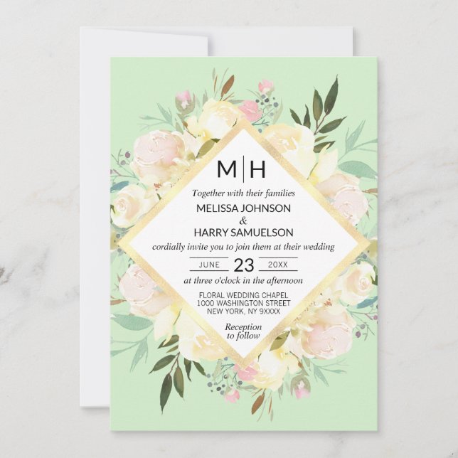 Watercolor Floral Bouquet Pink Mint Gold Wedding Invitation (Front)