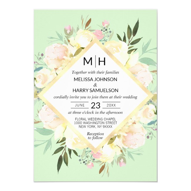 Watercolor Floral Bouquet Pink Mint Gold Wedding Invitation