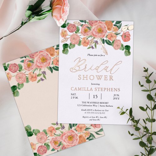 Watercolor Floral Bouquet Pink Peach Bridal Shower Foil Invitation