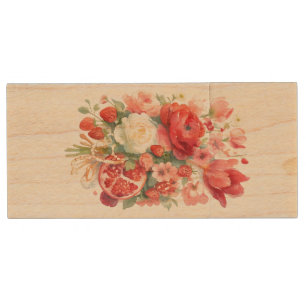 Watercolor Floral Bouquet with Fruits and Pearls – Wood Flash Drive