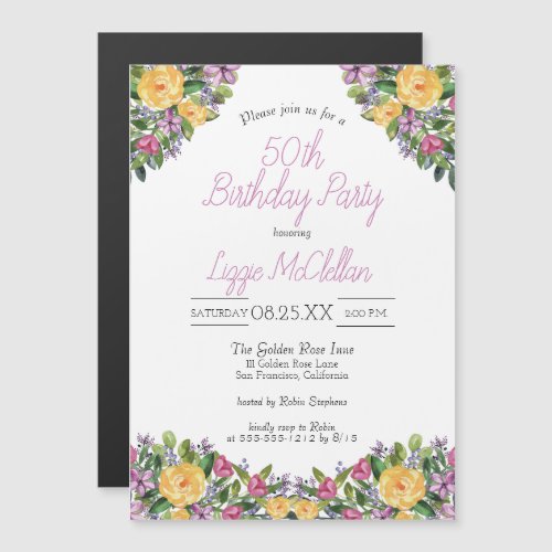 Watercolor Floral Bouquets 50th Birthday Party Magnetic Invitation